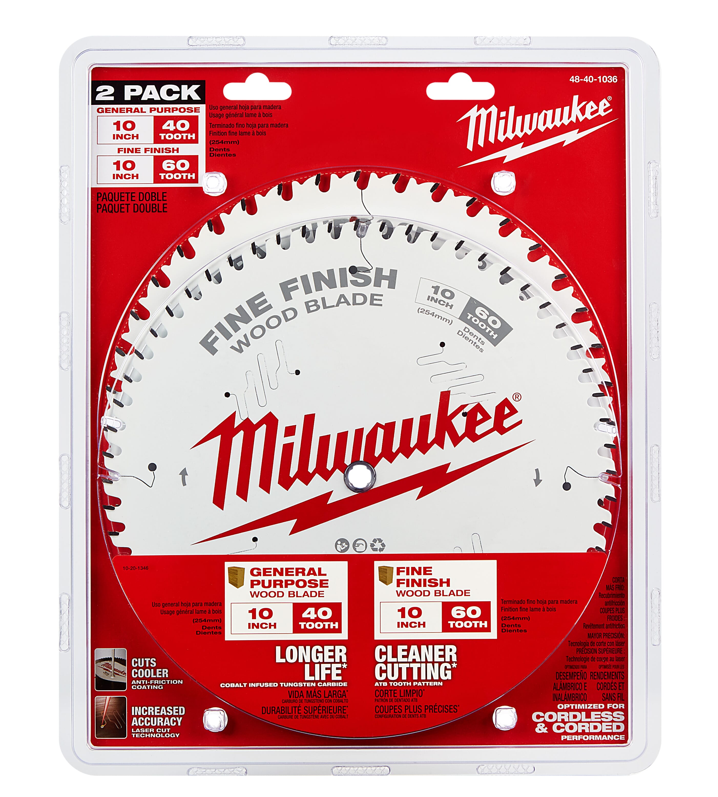 Milwaukee® 48-40-1036 General Purpose Thin Kerf Circular Saw Blade, 10 in Dia x 1.05 in THK, 5/8 in Arbor, Carbide Blade, 40/60 Teeth
